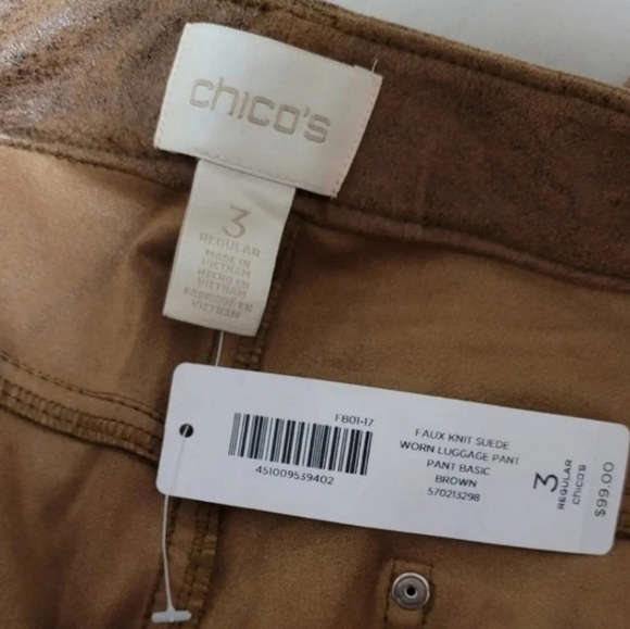 New Chico's Faux Suede Worn Luggage Brown slim pants - Picture 6 of 9